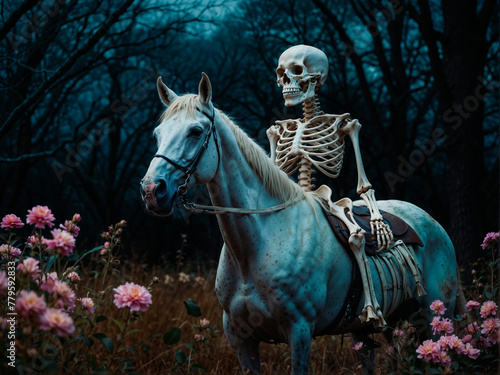 Skeleton on horseback with pink flowers, AI-generated.