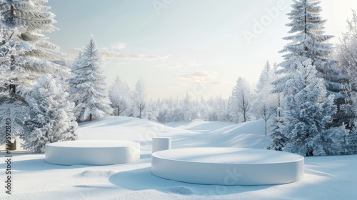 An abstract winter landscape scene with a podium where products can be displayed. photo