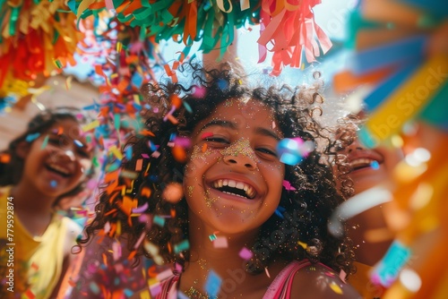 AI generated illustration of A happy girl under a pinata at a party, confetti raining down