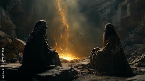 Scene of Muhammad receiving first revelation from Angel Gabriel in the Cave of Hira. AI-generated.