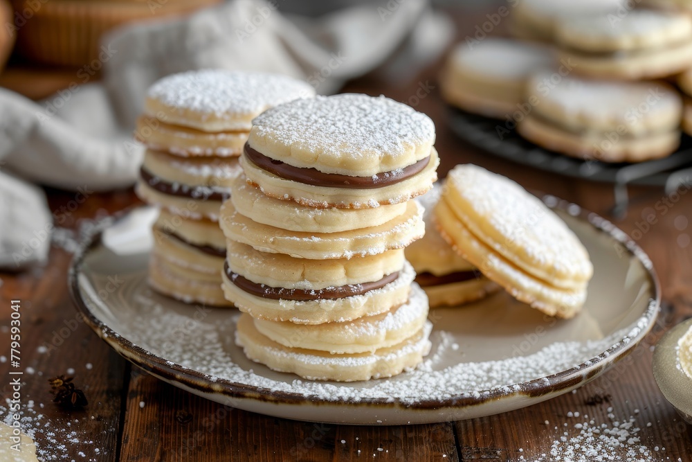 Cookies alfajores macro arranged on a plate on the table in Argentina Cookies alfajores macro arranged on a plate on the table in Argentina