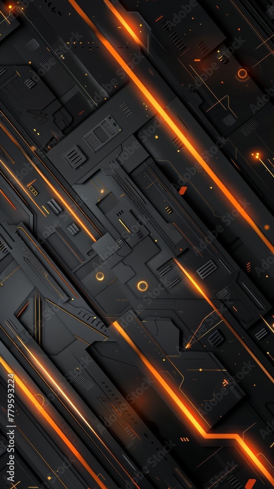 High-tech digital wallpaper with glowing orange neon lines on a dark backdrop High-tech digital wallpaper with glowing orange neon lines on a dark backdrop