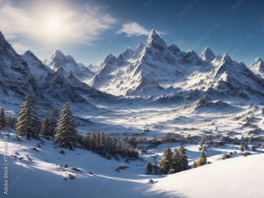 AI generated illustration of snow-covered mountains with majestic peaks in the background