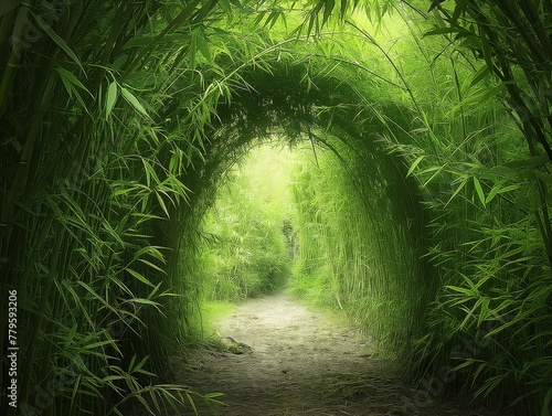 A green tunnel made of bamboo. The tunnel is surrounded by trees and bushes. The tunnel is open and has a bright light shining through it