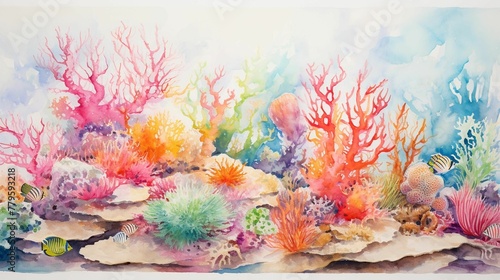 AI generated illustration of a vibrant coral reef, witha variety of pink and yellow coral formations photo