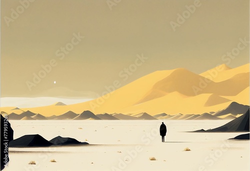 AI generated illustration of a silhouette of a lone man in the deserted landscape