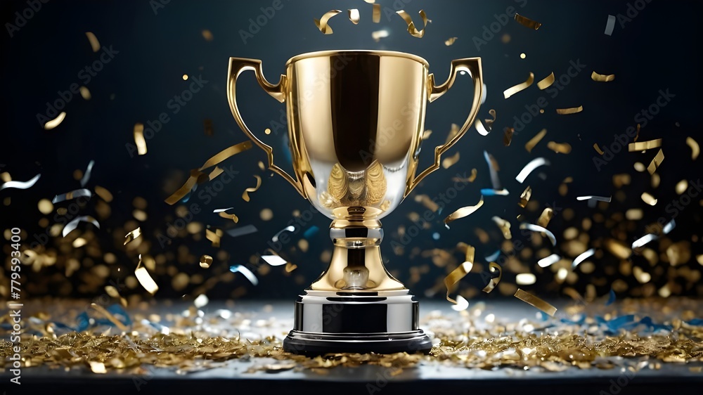 championship cup or winner trophy in golden and silver shiny chrome with celebration confetti and ribbon decoration as wide banner championship cup or winner trophy in golden and silver shiny chrome with celebration confetti and ribbon decoration as wide banner
