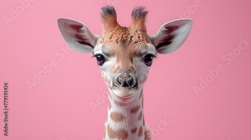 AI generated illustration of a close-up of a giraffe's head gazing directly at the camera