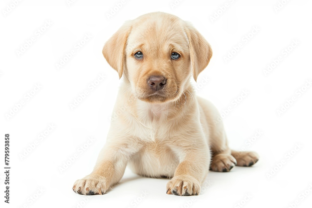 Cream Labrador retriever puppy facing camera on white background Cream Labrador retriever puppy facing camera on white background