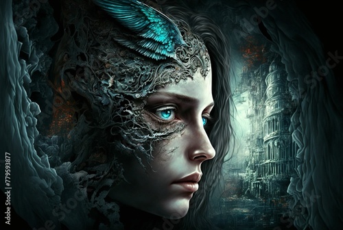 Фотография a woman wearing black has blue eyes and has a black mask