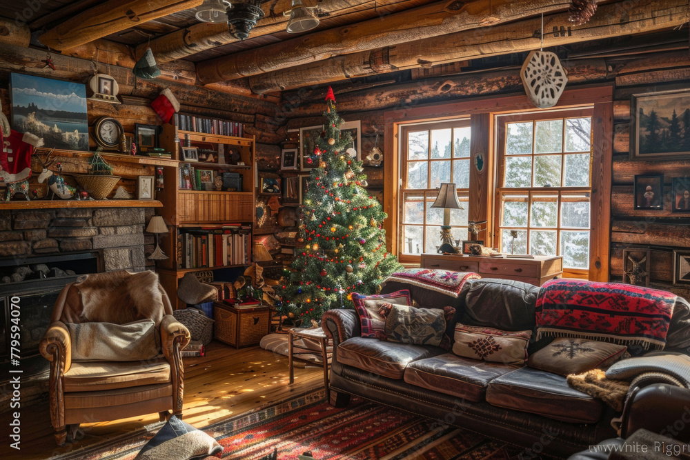 hygge concept, rustic living room decorated for christmas in the log cabin with a fireplace