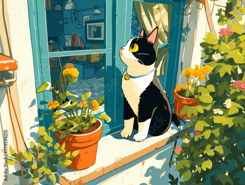 Black and white kitten by the window