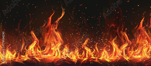 Intense flame dances on black background, creating a mesmerizing event of heat and gas. The fire resembles a piece of art, flickering like a bonfire or fireplace in the night