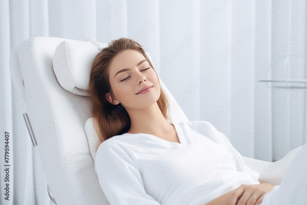 young woman is relaxing before undergoing a medical examination. A comfortable, confident atmosphere young woman is relaxing before undergoing a medical examination. A comfortable, confident atmosphere