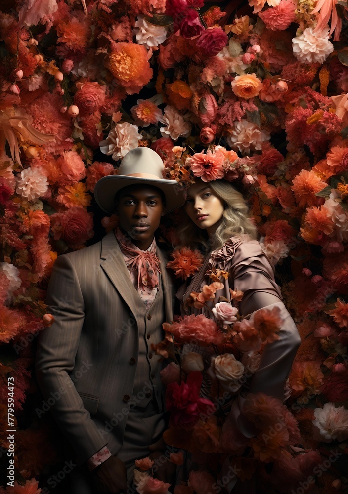 Beautiful fashion couple in flower decor, AI-generated.