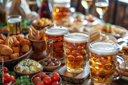 Table with beer and snacks for a large group. Lots of different food for meeting friends in a pub or beer bar