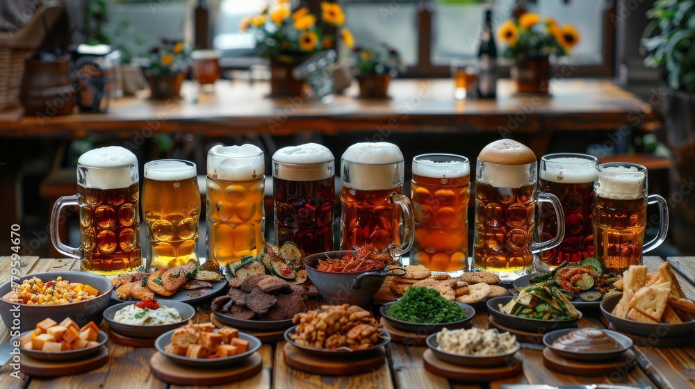 Table with beer and snacks for a large group. Lots of different food for meeting friends in a pub or beer bar