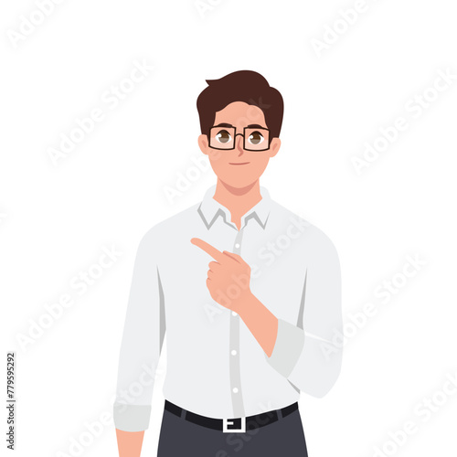 Young man entrepreneur pointing left with index finger. Flat vector illustration isolated on white background