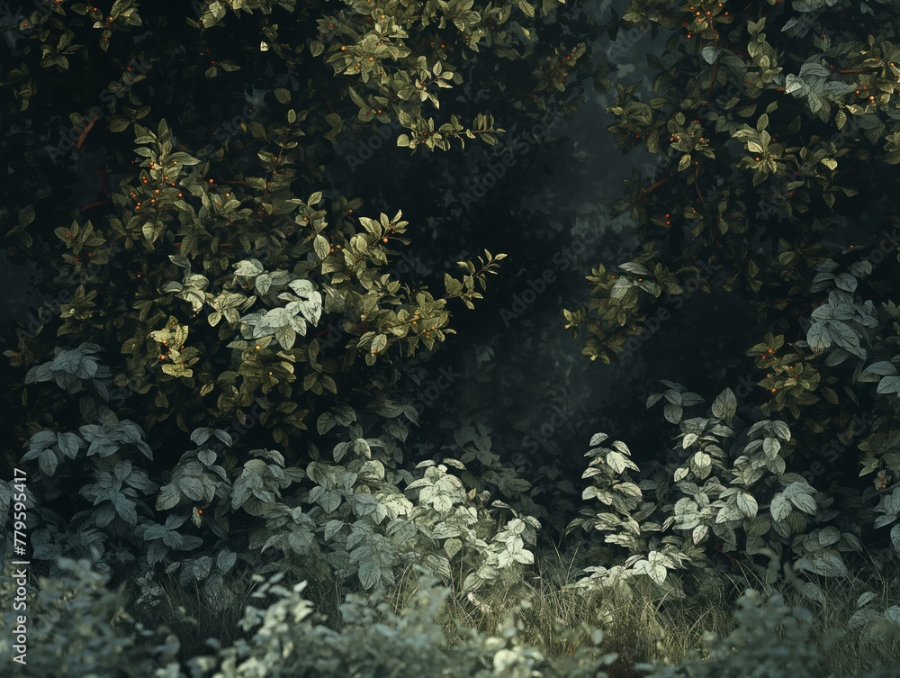 A forest scene with trees and bushes