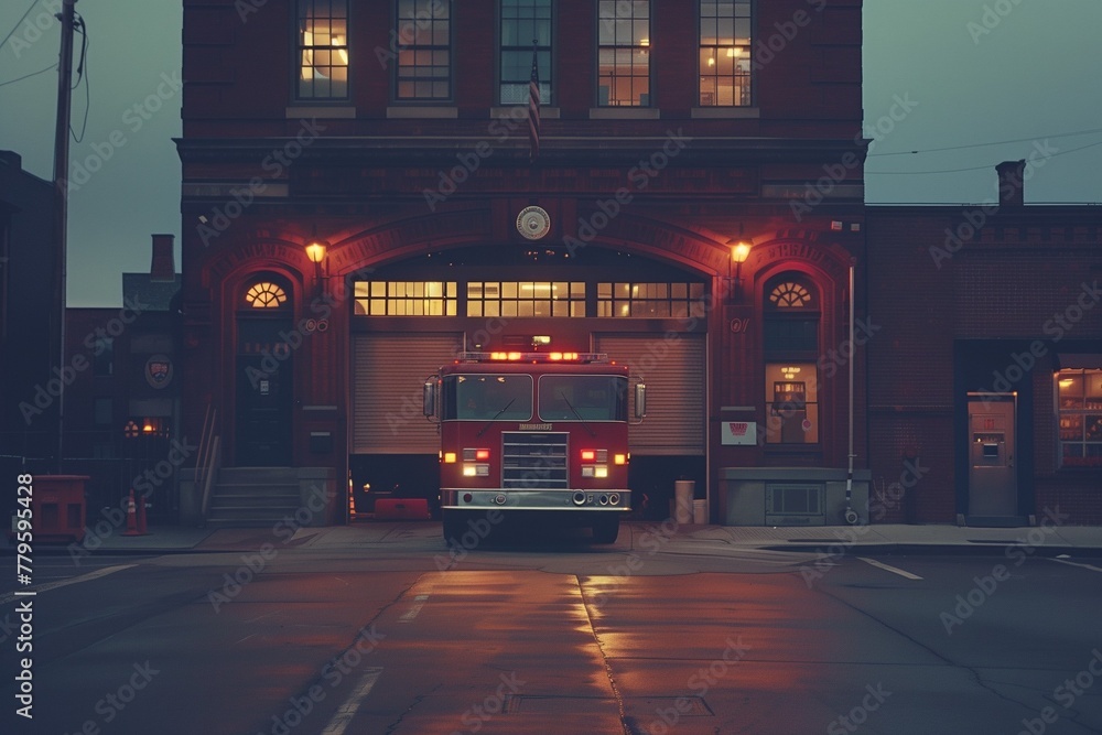 Naklejka premium AI-generated illustration of a fire station with a fire engine parked outside on the sidewalk