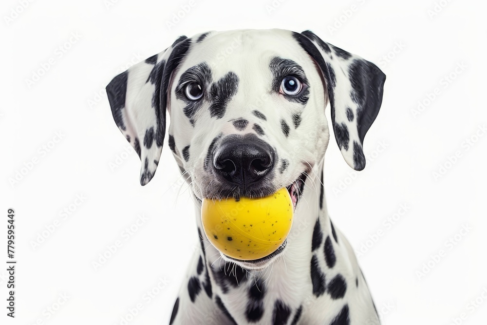 Dalmatian dog holding a yellow ball on white background