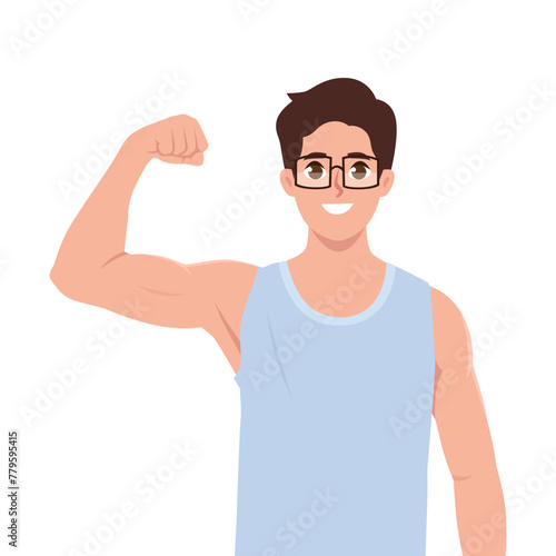 Smiling sportsman flex biceps and looking pleased at his strong muscle arm. Flat vector illustration isolated on white background