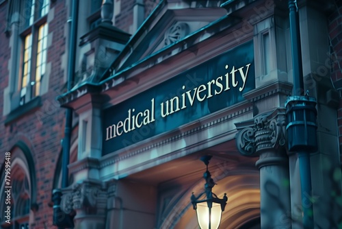 AI-generated illustration of an elegant building with a sign reading: Medical University