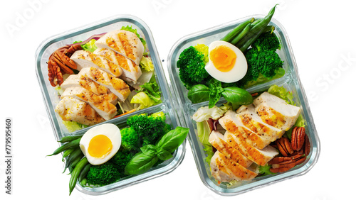 Healthy lunch box with chicken fillet, boiled egg, broccoli, pecan nuts and green beans