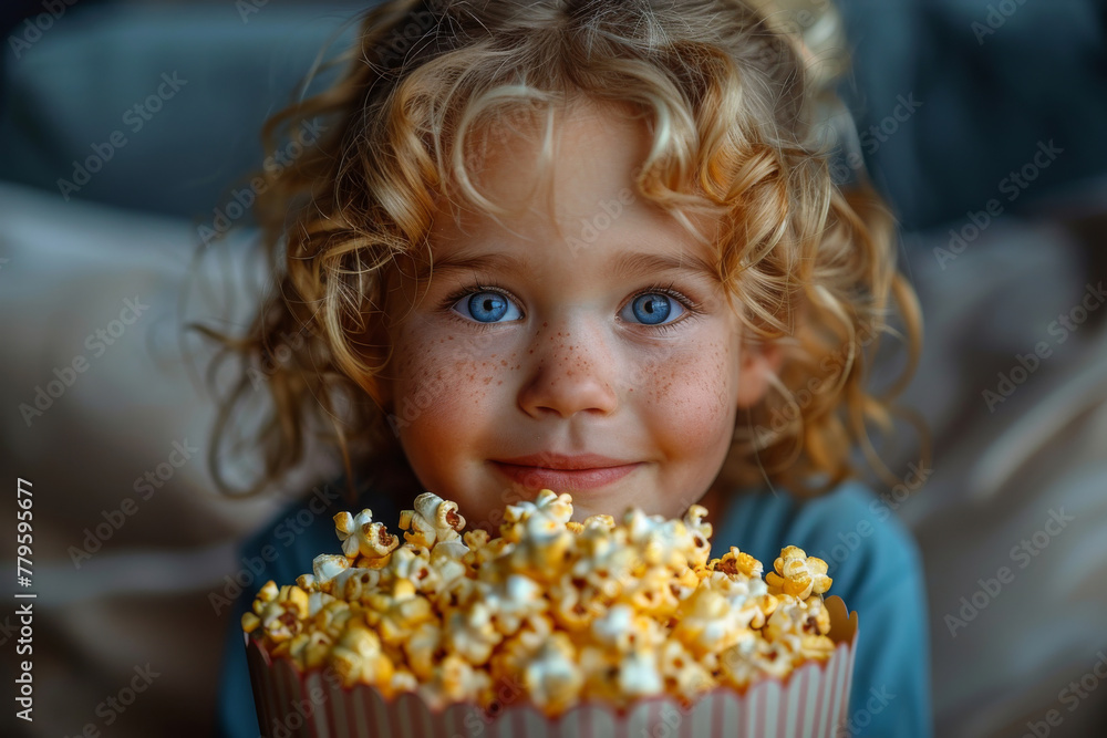 Joy of cinema through eyes of child, as they sit captivated by big screen, their attention momentarily diverted to tempting bucket of popcorn. Joy of cinema through eyes of child, as they sit captivated by big screen, their attention momentarily diverted to tempting bucket of popcorn.