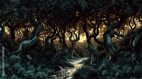 AI generated illustration of an enchanted forest in a storybook style © Wirestock