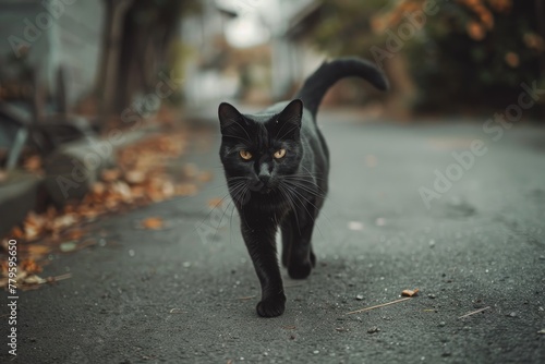 Dark feline strolling on road photo