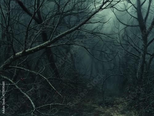 A dark forest with trees and branches. Scene is eerie and mysterious. The trees are bare and the sky is cloudy  giving the impression of a gloomy and ominous atmosphere