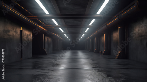 Futuristic studio stage dark room. Underground warehouse garage. Neon led laser glowing orange on concrete tiled floor	
