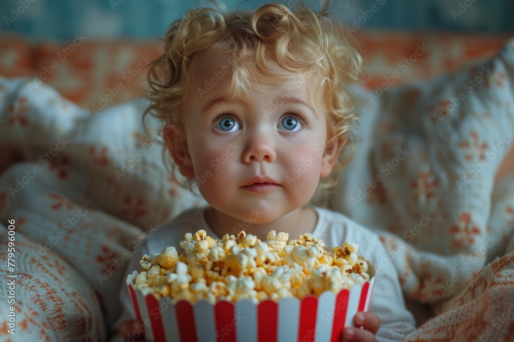 Joy of cinema through eyes of child, as they sit captivated by big screen, their attention momentarily diverted to tempting bucket of popcorn. - obrazy, fototapety, plakaty 