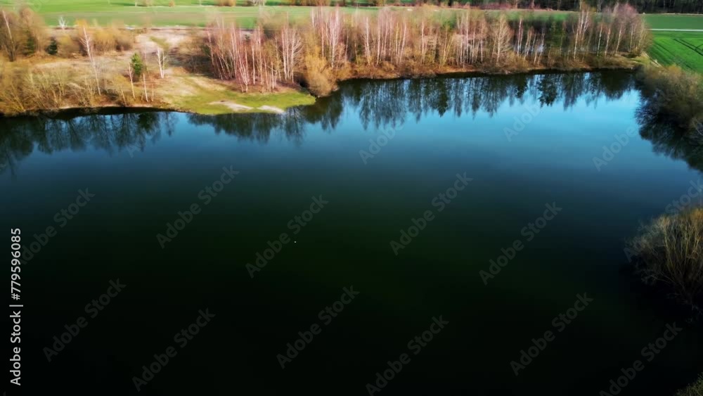 Aerial view of the calm reflective pond surrounded by leafless trees and green agricultural fields Aerial view of the calm reflective pond surrounded by leafless trees and green agricultural fields