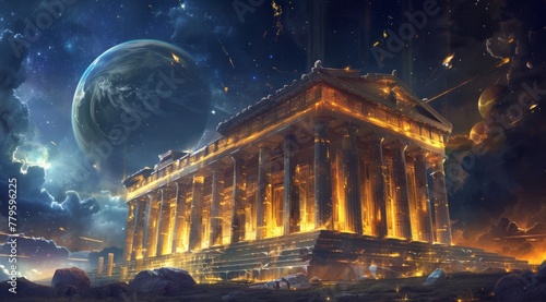 Glowing ancient temple amidst cosmic backdrop. An illustration of a majestic ancient Greek temple glowing with light against a fantastical cosmic sky with planets and meteor showers