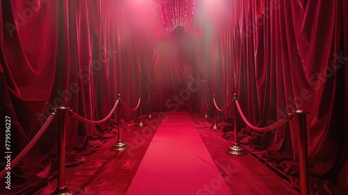 Red velvet curtain entrance with golden barriers on a red carpet. photo