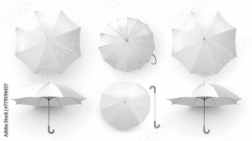 A vector set of 3D realistic renderings of white blank umbrellas  both opened and closed  presented in top and front views for mock-ups  branding  or advertising needs  isolated on a white background