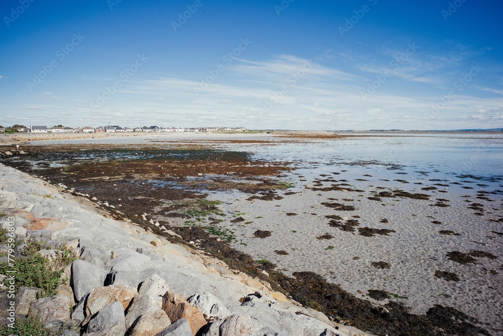 High-angle view of rocky Galway Ireland Salthill beach. High-angle view of rocky Galway Ireland Salthill beach.