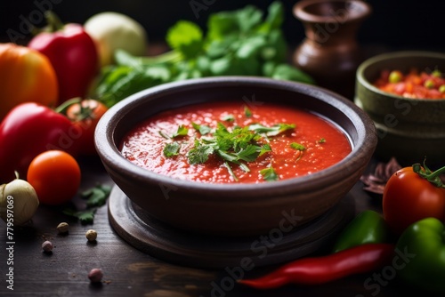 Tempting gazpacho on a rustic plate against a galvanized steel background