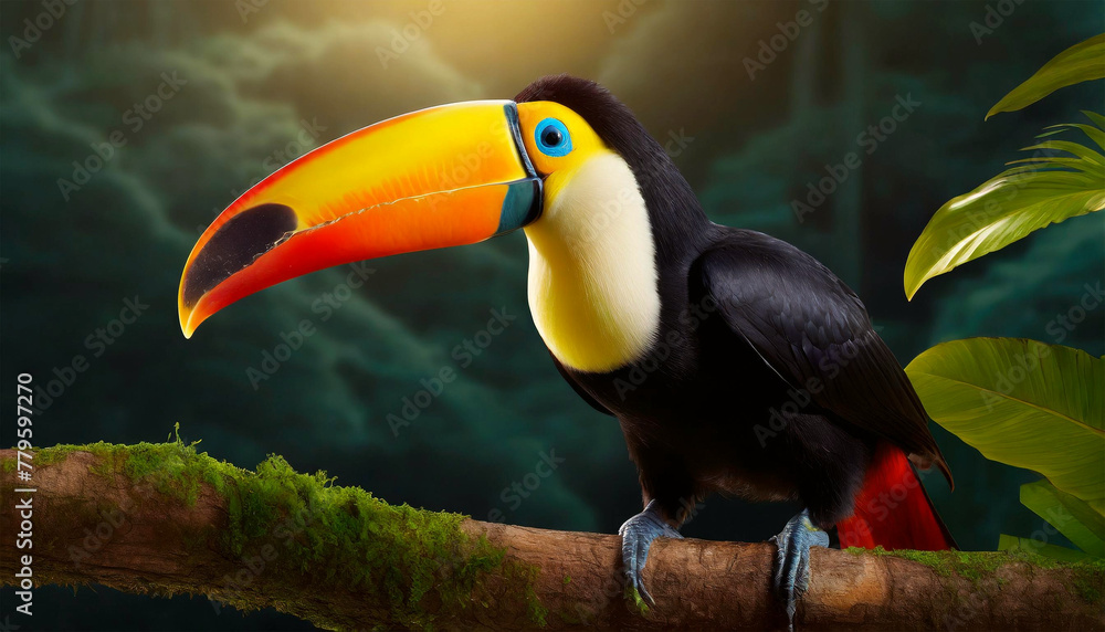 Fototapeta premium Close-up of a beautiful cute colorful toco toucan (Ramphastos Toco), tropical bird in Brazilian Amazon, standing on a tree branch in the tropical forest. Generative Ai.