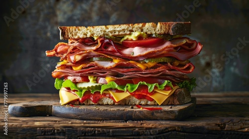 The ultimate fast food delight, a stacked, juicy sandwich showcased on a rustic background, oozing freshness