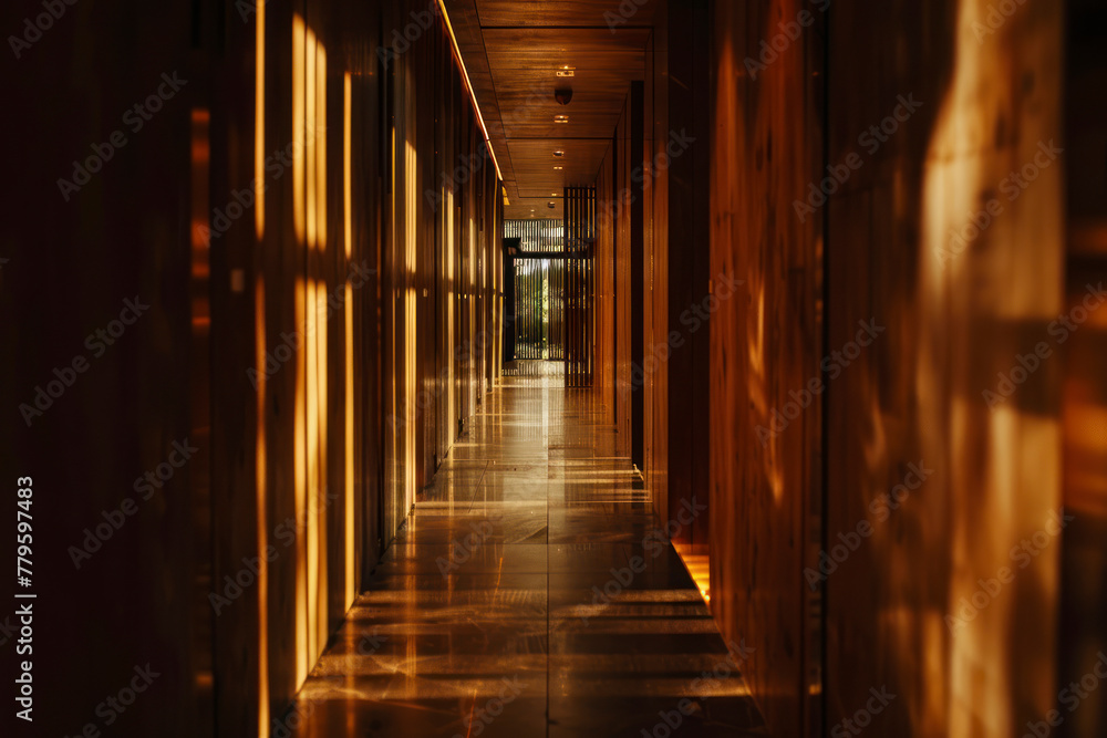 Light entering the dark corridor. Wooden construction.