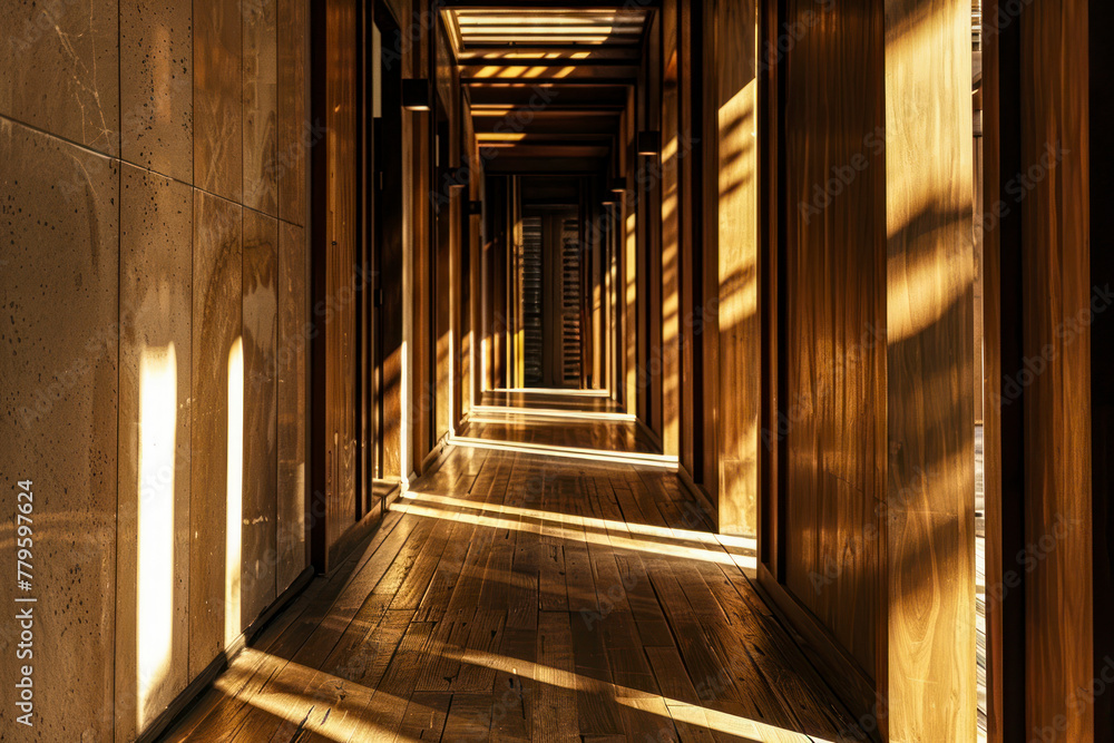 Obraz premium Light entering the dark corridor. Wooden construction.