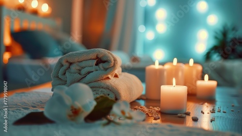 Spa concept with towels, plumeria flowers, and candles.