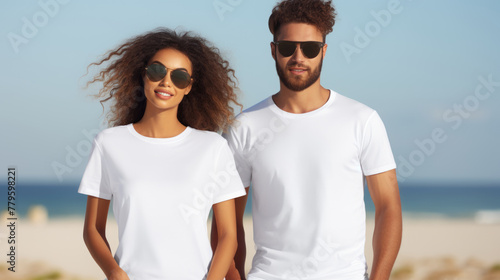 Couple in white t-shirts on beach. Summer fashion and vacation concept.