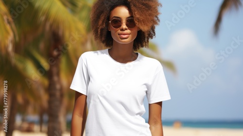 Happy woman in a white t-shirt at the beach with sunglasses.