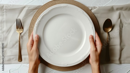 The dinner place setting has an empty white plate with a hand holding a silver fork and spoon on a white background. The copy space is on the top of the plate photo