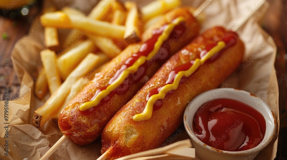 Corn dogs with mustard and ketchup on a paper tray, served with French fries. Corn dogs with mustard and ketchup on a paper tray, served with French fries.