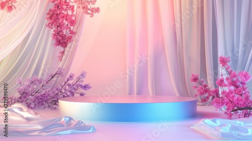 An abstract 3D composition used as a backdrop for a fashion beauty podium. A holographic color background adds an extra dimension to the composition.